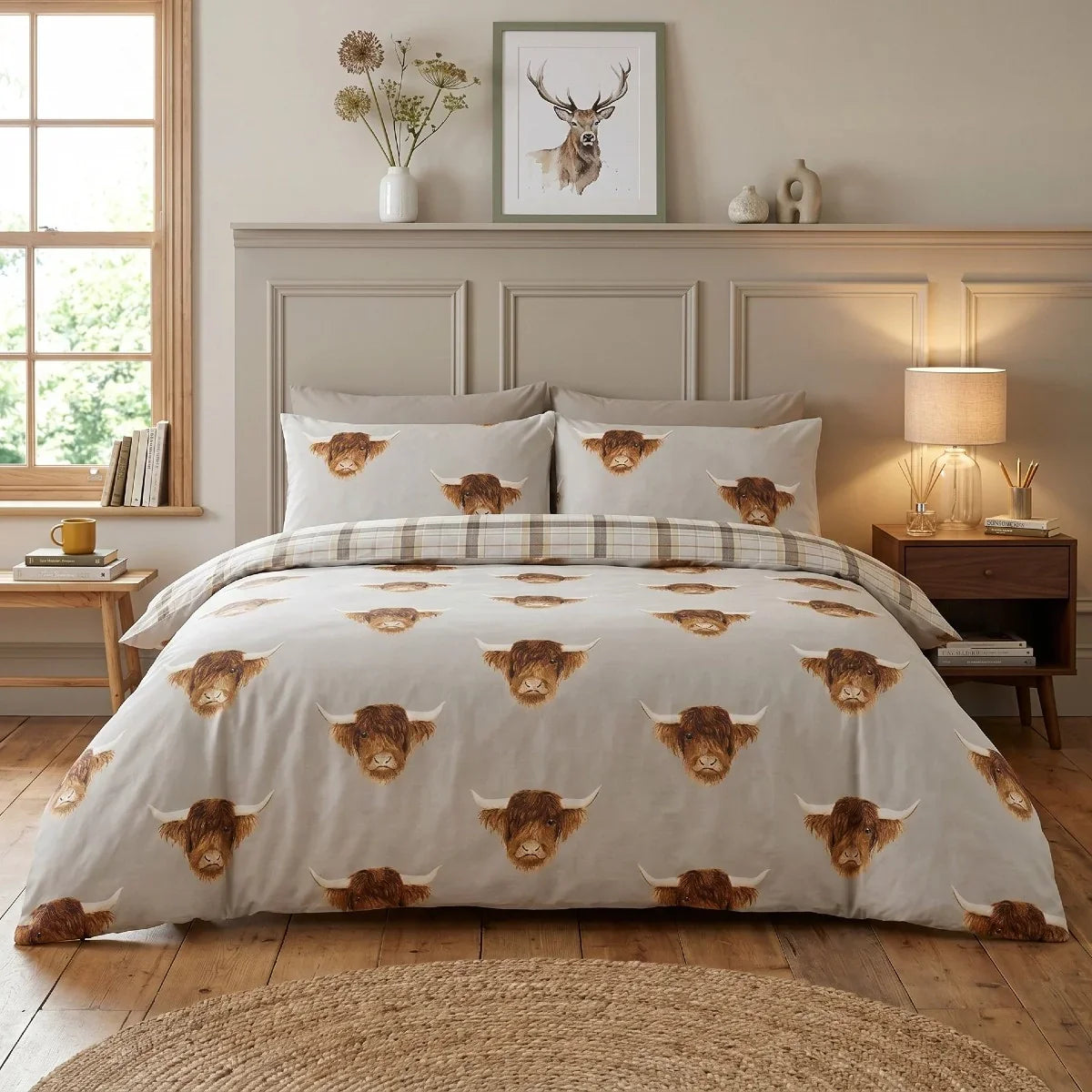 Fusion Highland Cow duvet cover set in Natural with reversible tartan bedding design
