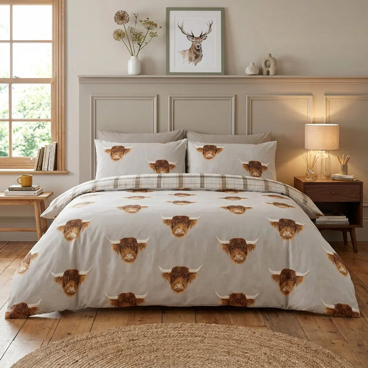 Fusion Highland Cow duvet cover set in Natural with reversible tartan bedding design