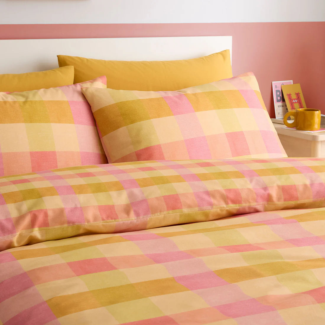 Fusion Block Check duvet cover set with oversized reversible orange and peach check bedding