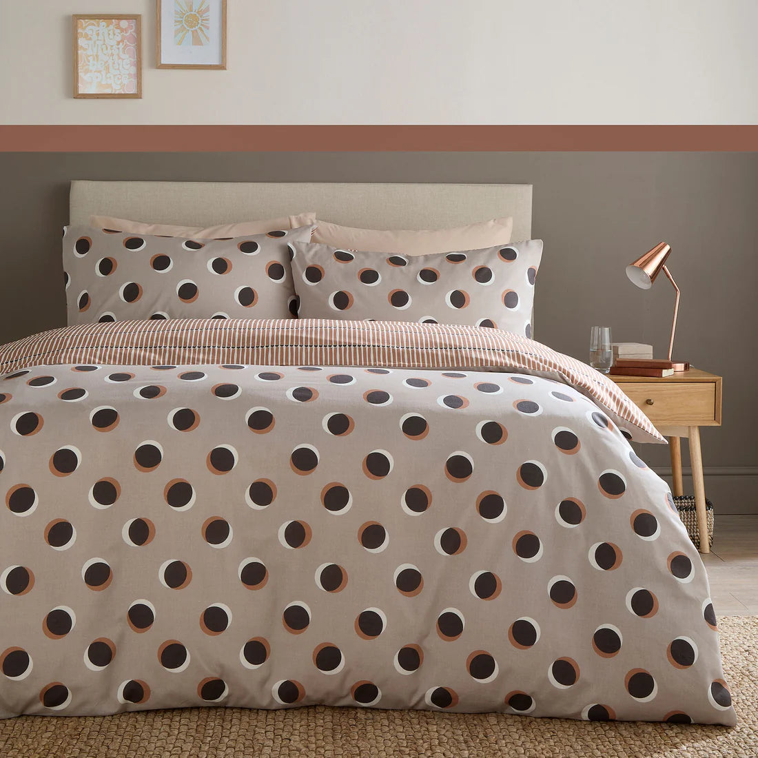 Fusion Polka Spot duvet cover set in natural with oversized retro polka dots and reversible stripe design