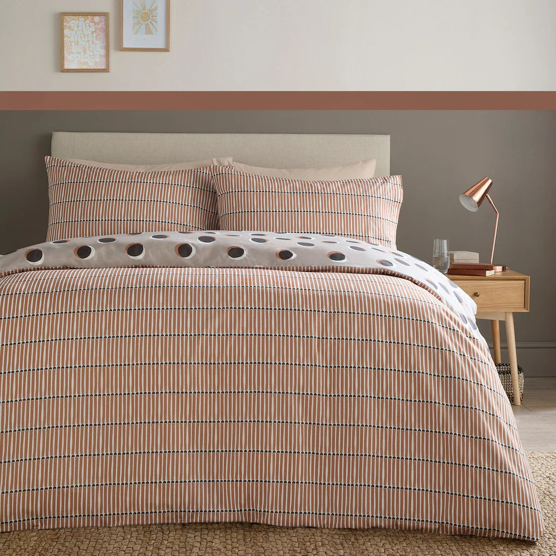 Fusion Polka Spot duvet cover set in natural with oversized retro polka dots and reversible stripe design