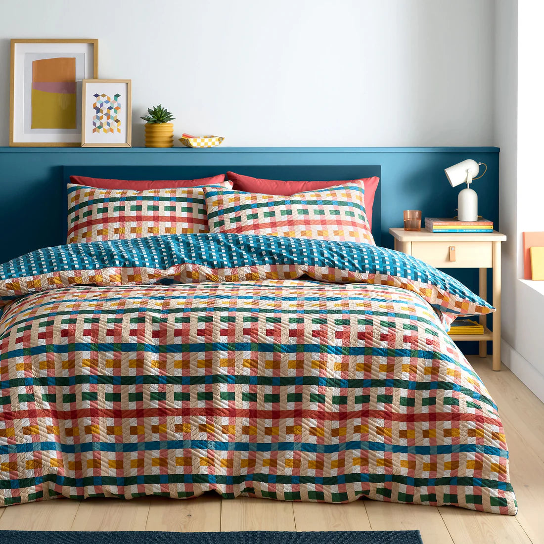 Fusion Rhett duvet cover set in multicolour with geometric pinsonic design and reversible blue pattern