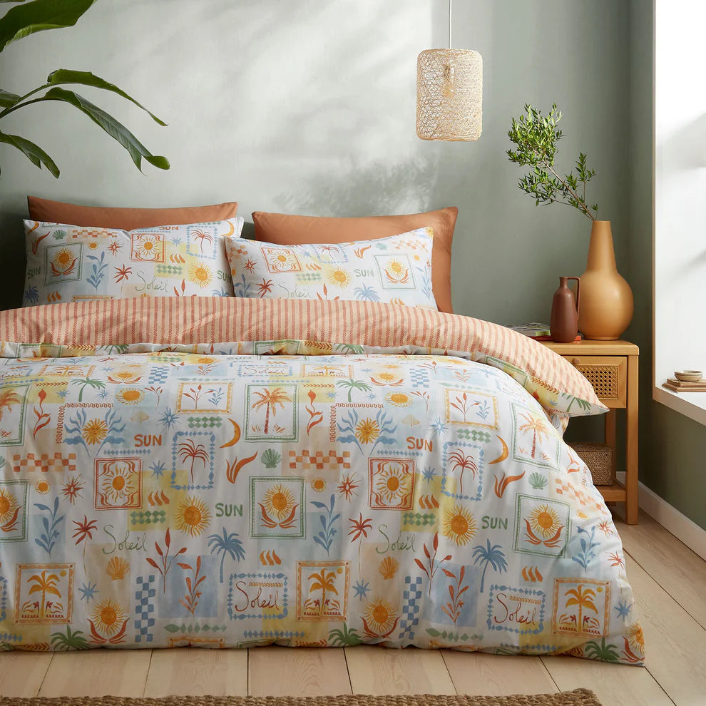 Fusion Soleil duvet cover set with colourful sun-inspired reversible boho bedding design