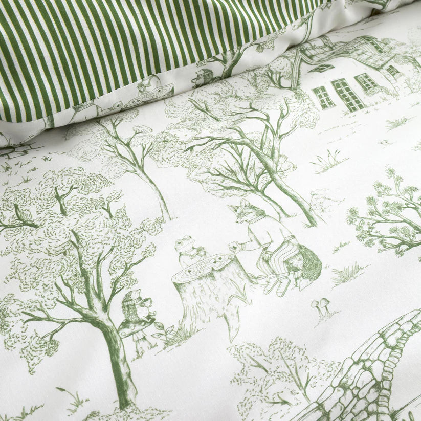 Fusion Woodland Toile duvet cover set with woodland-inspired reversible green cottagecore bedding