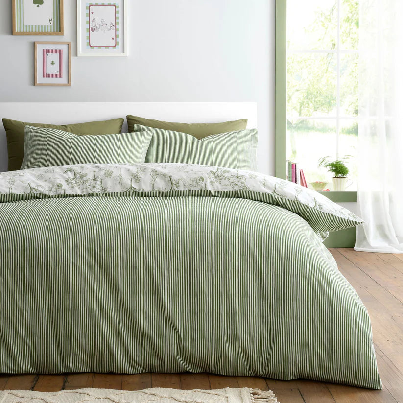 Fusion Woodland Toile duvet cover set with woodland-inspired reversible green cottagecore bedding