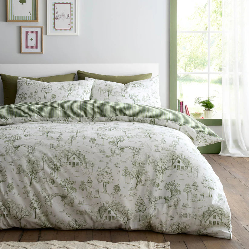 Fusion Woodland Toile duvet cover set with woodland-inspired reversible green cottagecore bedding