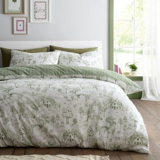 Fusion Woodland Toile duvet cover set with woodland-inspired reversible green cottagecore bedding