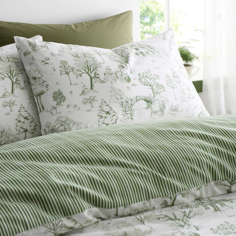 Fusion Woodland Toile duvet cover set with woodland-inspired reversible green cottagecore bedding