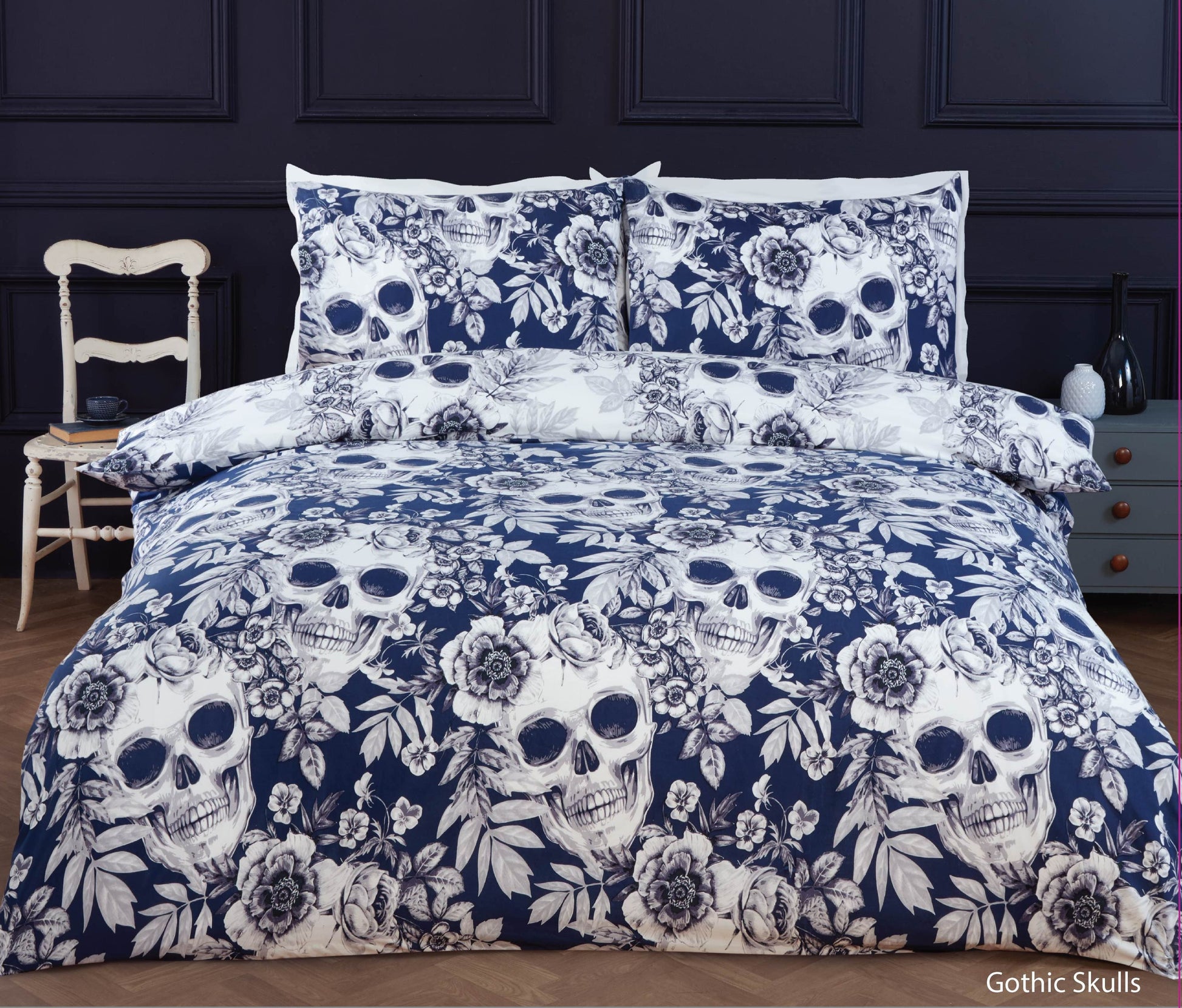 Gothic Skull reversible duvet cover set with floral alternative bedding design