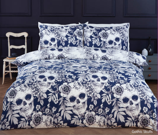 Gothic Skull reversible duvet cover set with floral alternative bedding design