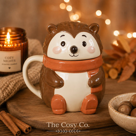 Hazel Hedgehog ceramic lidded mug with woodland-inspired hedgehog design