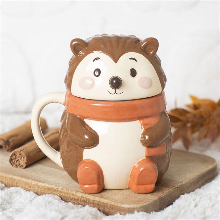 Hazel Hedgehog ceramic lidded mug with woodland-inspired hedgehog design