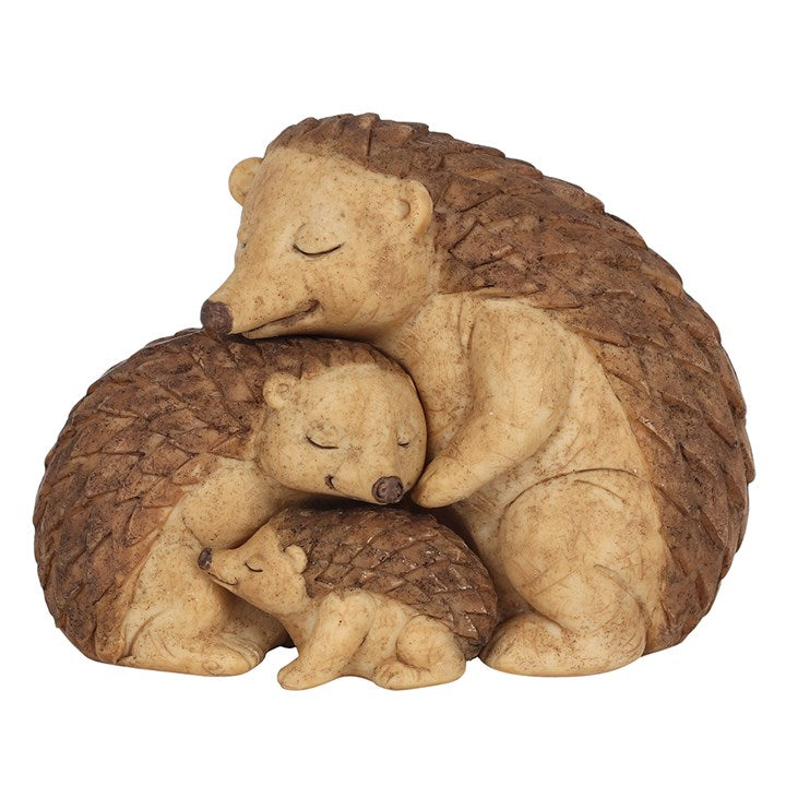 Hedgehog Family ornament featuring two parent hedgehogs and baby with sentimental family message card