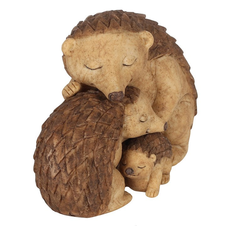 Hedgehog Family ornament featuring two parent hedgehogs and baby with sentimental family message card