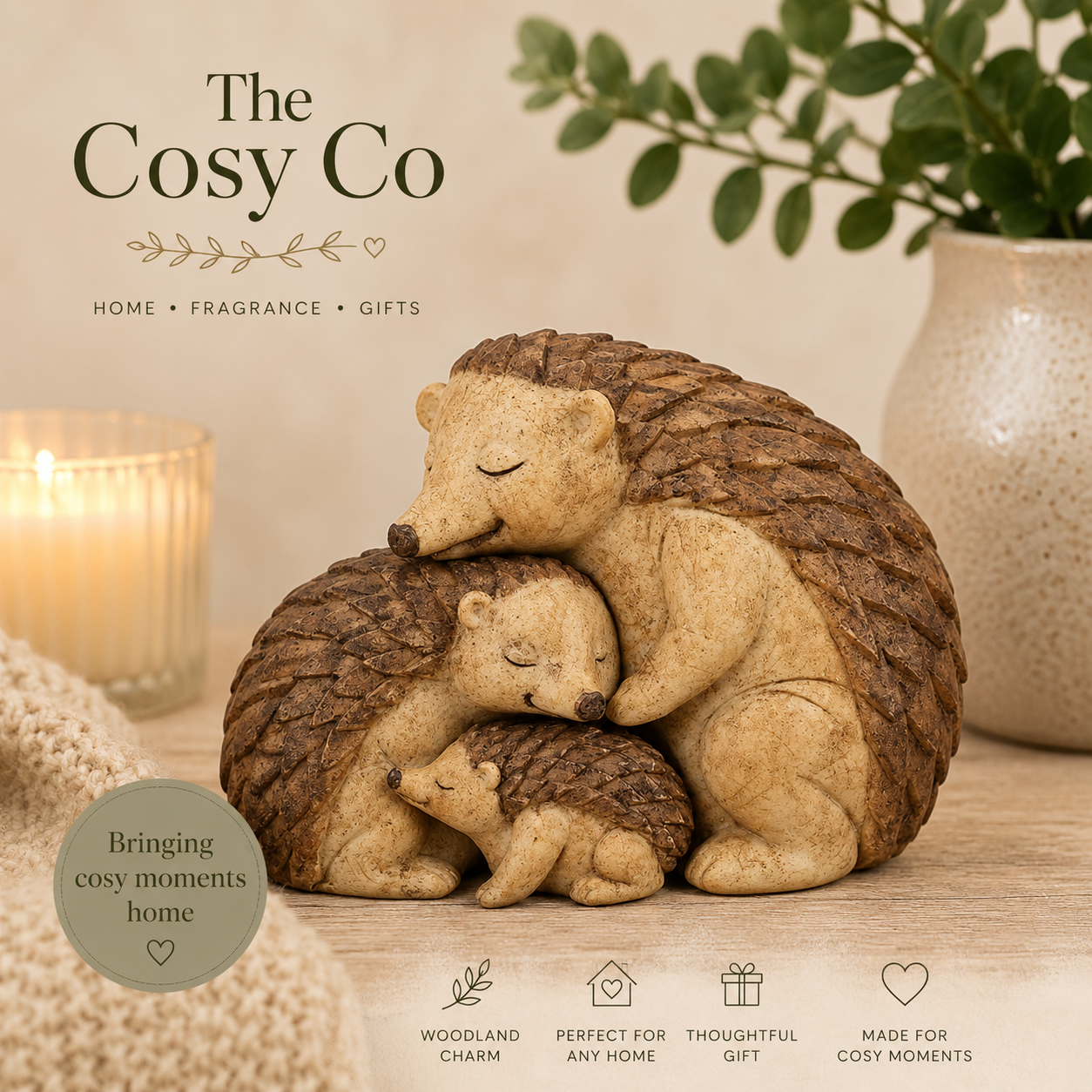 Hedgehog Family ornament featuring two parent hedgehogs and baby with sentimental family message card