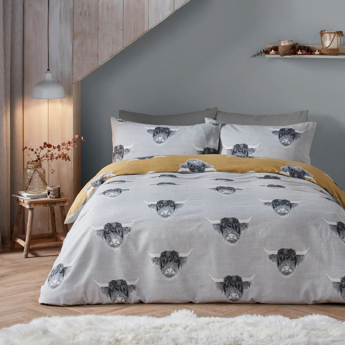 Fusion Highland Cow duvet cover set in ochre with soft brushed fabric and countryside-inspired design
