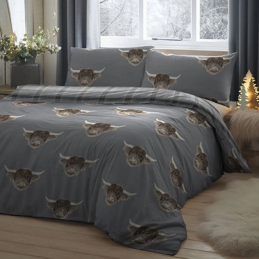 Fusion Highland Cow Duvet Cover Set Grey Reversible Bedding