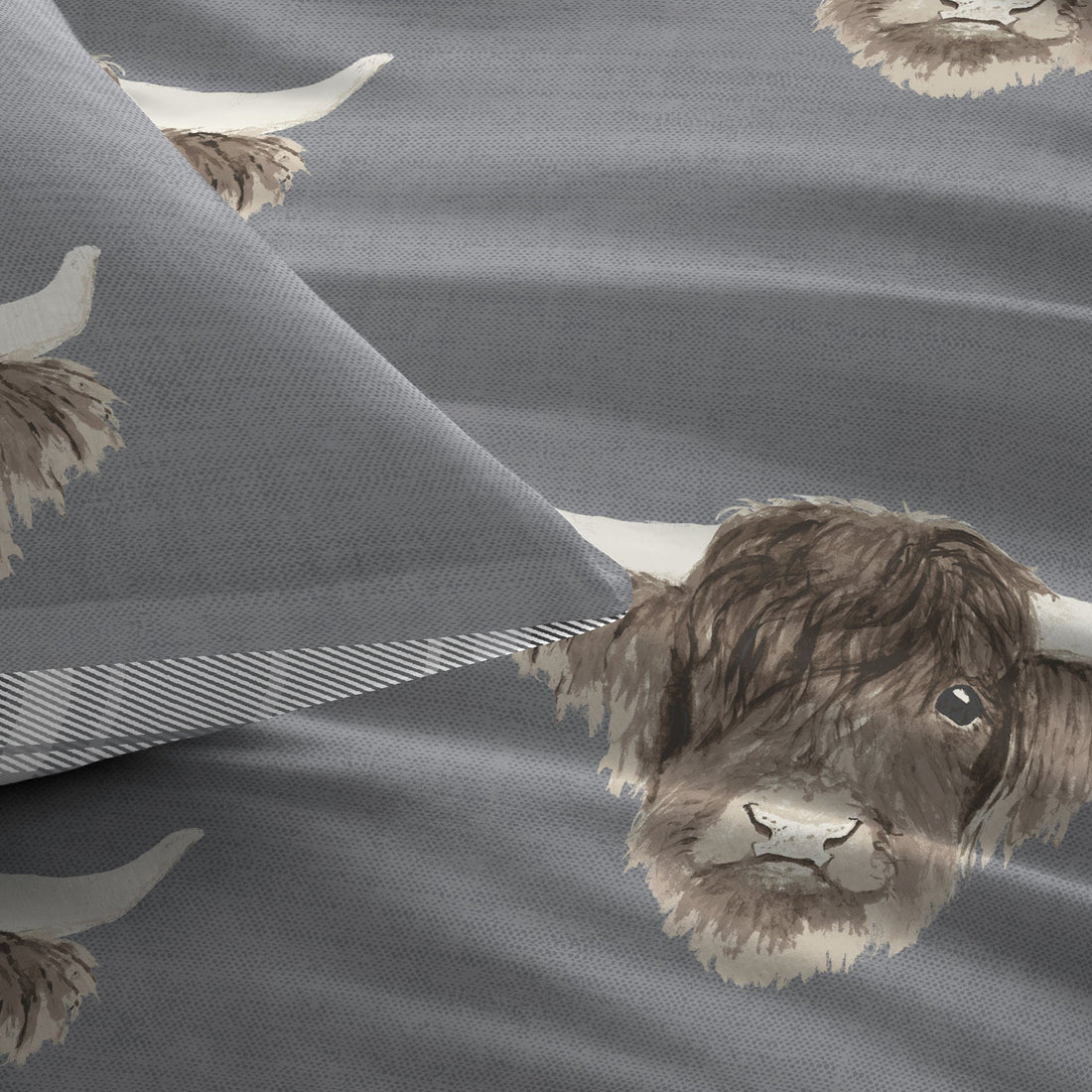 Fusion Highland Cow Duvet Cover Set Grey Reversible Bedding