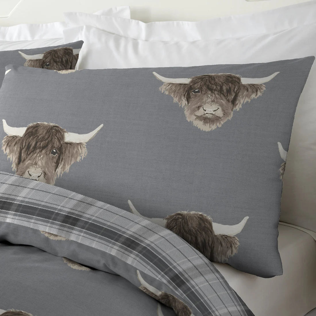 Fusion Highland Cow Duvet Cover Set Grey Reversible Bedding