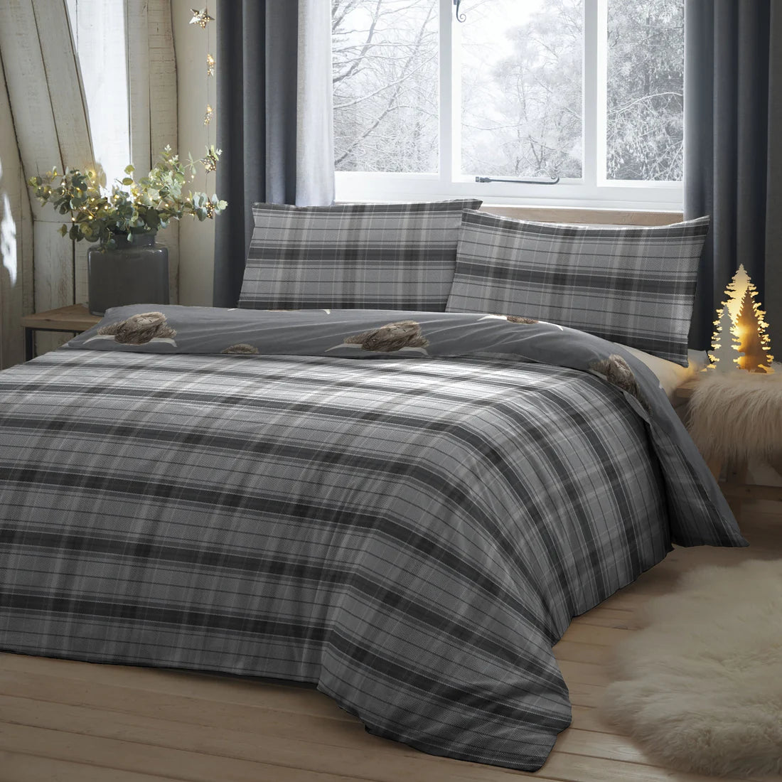 Fusion Highland Cow Duvet Cover Set Grey Reversible Bedding