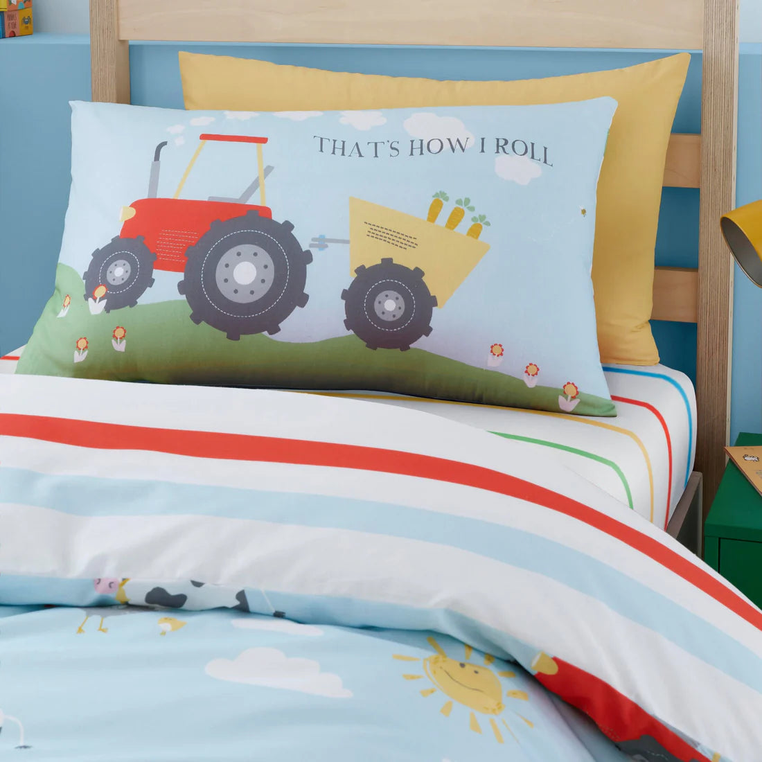 Bedlam Farmyard Friends duvet cover set in blue featuring farm animals, tractors and reversible striped design