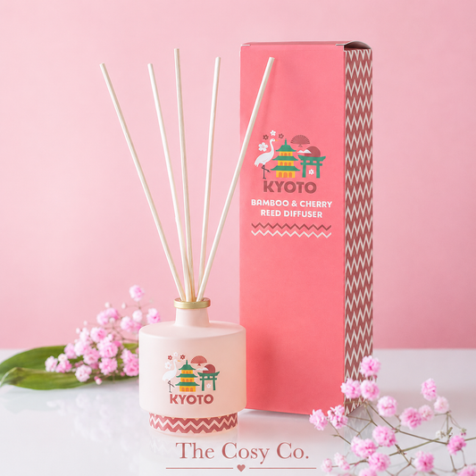 Kyoto Bamboo and Cherry Blossom reed diffuser with delicate floral fragrance inspired by Japanese gardens
