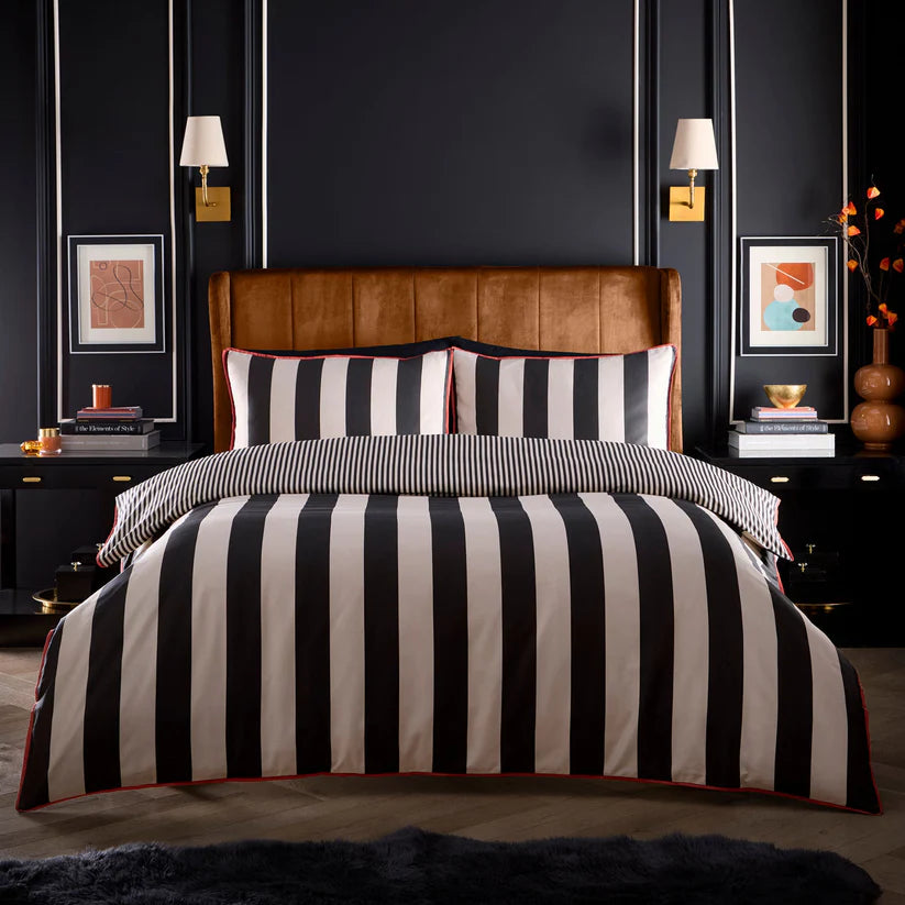 Laurence Llewelyn-Bowen Festivo Circus Stripe duvet cover set with black striped cotton sateen bedding