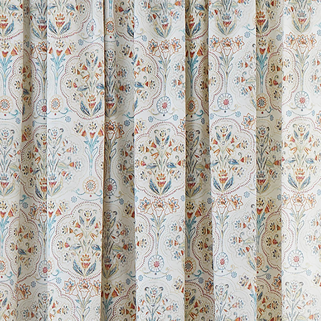 Dreams & Drapes Edena pencil pleat curtains in natural featuring elegant floral detailing in teal, gold and coral tones