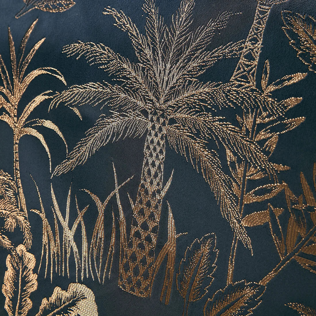 Soiree Midnight Palm navy jacquard duvet cover set with metallic palm tree design