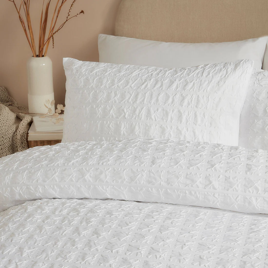Serene Embossed Grid duvet cover set in white with textured geometric pattern and soft easy-care fabric