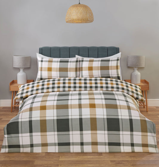 Mustard Check reversible duvet cover set with cosy plaid farmhouse bedding design