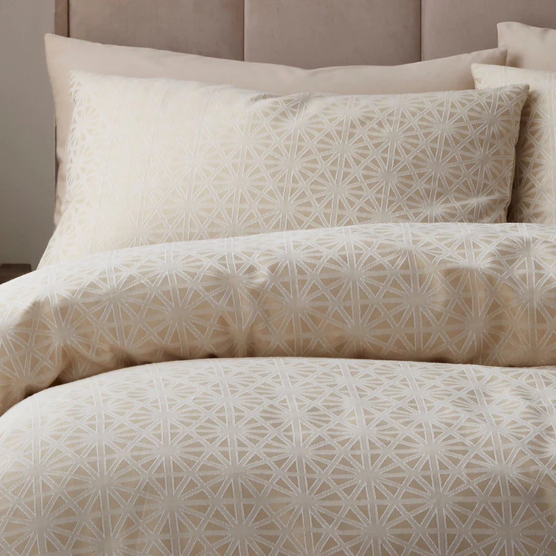 Appletree Geo Jacquard duvet cover set in natural with elegant woven geometric pattern and cotton-rich fabric