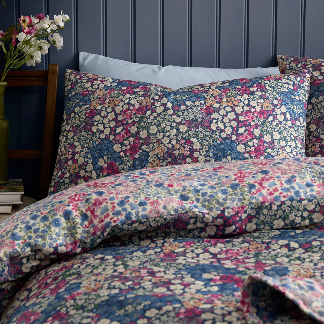 Dreams & Drapes Bessie duvet cover set in navy with ditsy floral print and reversible design