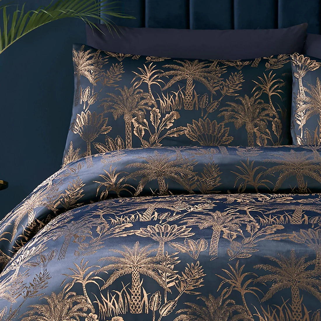 Soiree Midnight Palm navy jacquard duvet cover set with metallic palm tree design