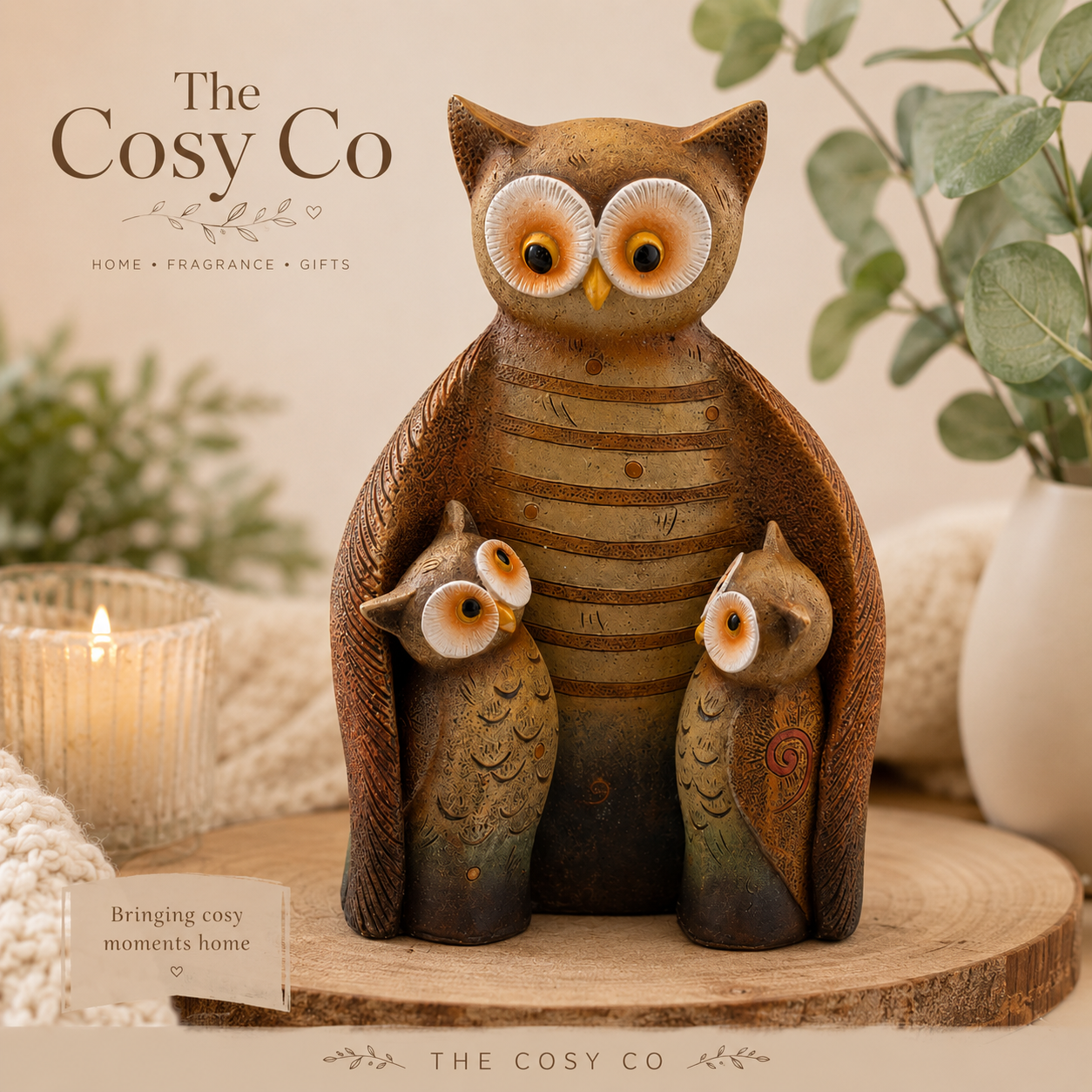 Owl Family Figurine resin woodland ornament featuring a family of decorative owls