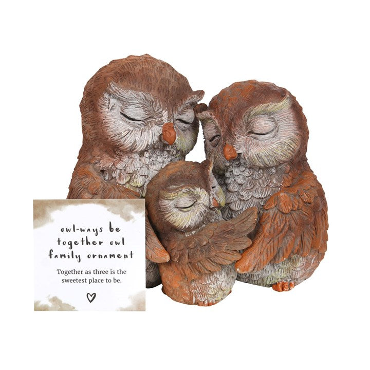 Owl family ornament featuring two parent owls and baby owl embracing in a sentimental family figurine