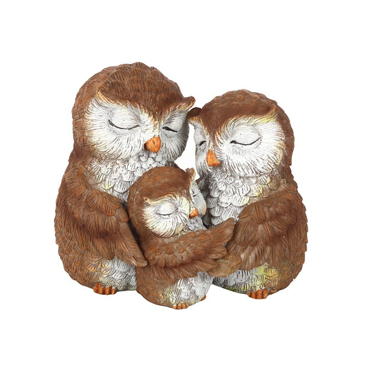 Owl family ornament featuring two parent owls and baby owl embracing in a sentimental family figurine