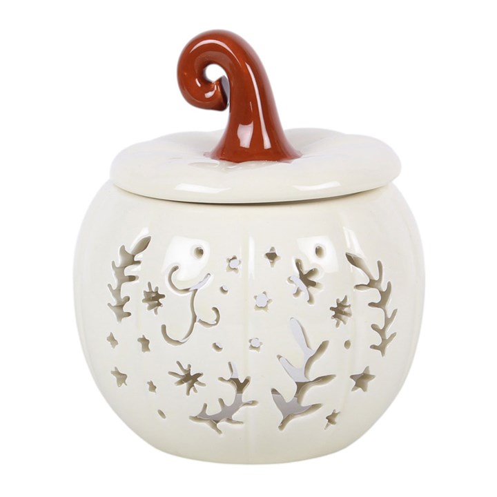 Cream Folk Pumpkin ceramic oil burner and wax warmer for autumn and Halloween home décor