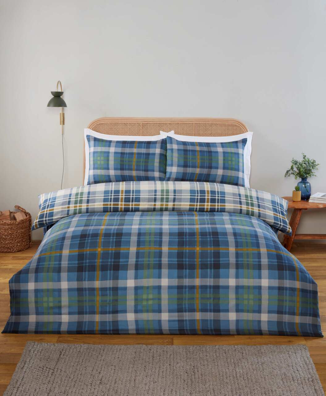 Regalia Blue Check reversible duvet cover set with heritage plaid bedding design