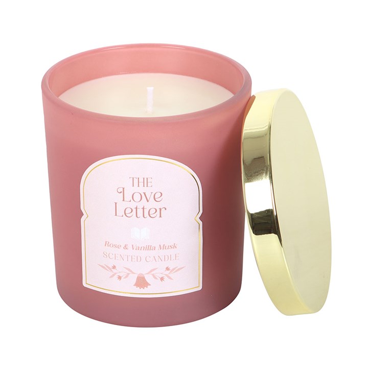The Love Letter Rose and Vanilla Musk scented candle with romantic gift-ready packaging