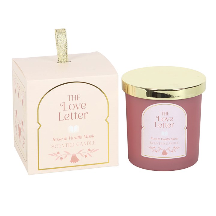 The Love Letter Rose and Vanilla Musk scented candle with romantic gift-ready packaging