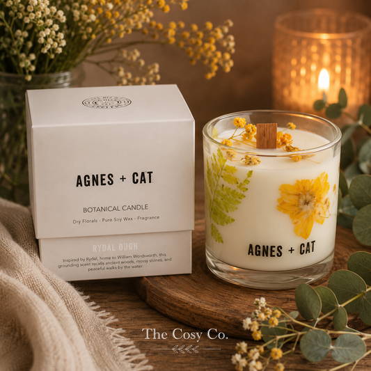 Agnes and Cat Rydal Oudh botanical soy wax candle with warm woody fragrance and dried florals