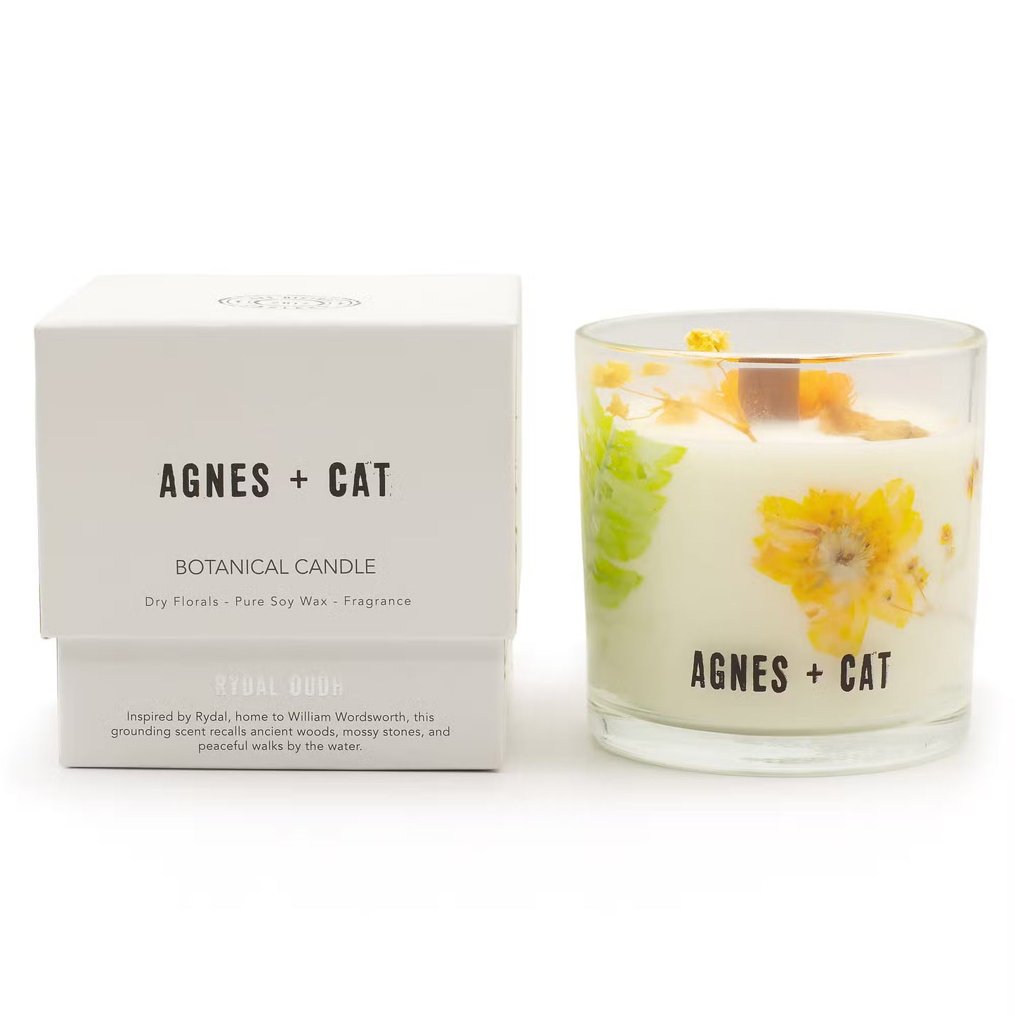 Agnes and Cat Rydal Oudh botanical soy wax candle with warm woody fragrance and dried florals