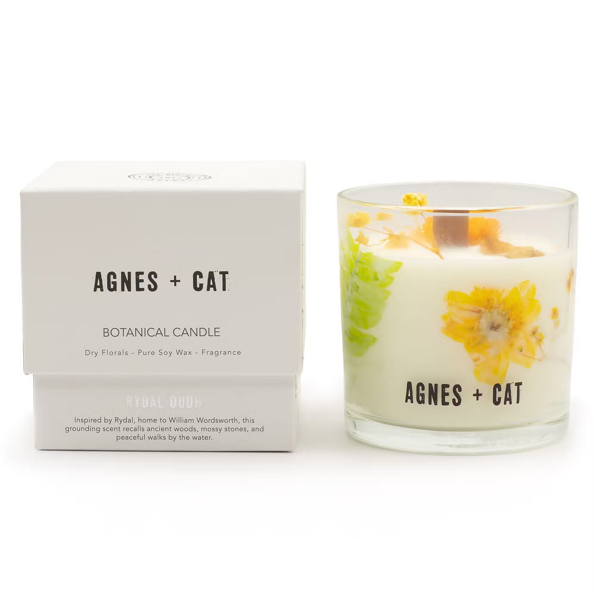 Agnes and Cat Rydal Oudh botanical soy wax candle with warm woody fragrance and dried florals