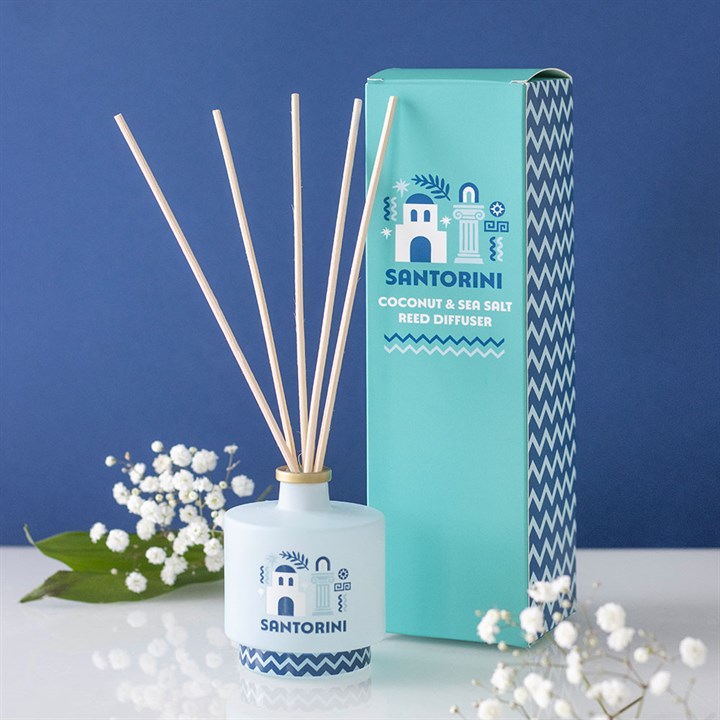 Santorini Coconut and Sea Salt reed diffuser with Greek island inspired home fragrance design