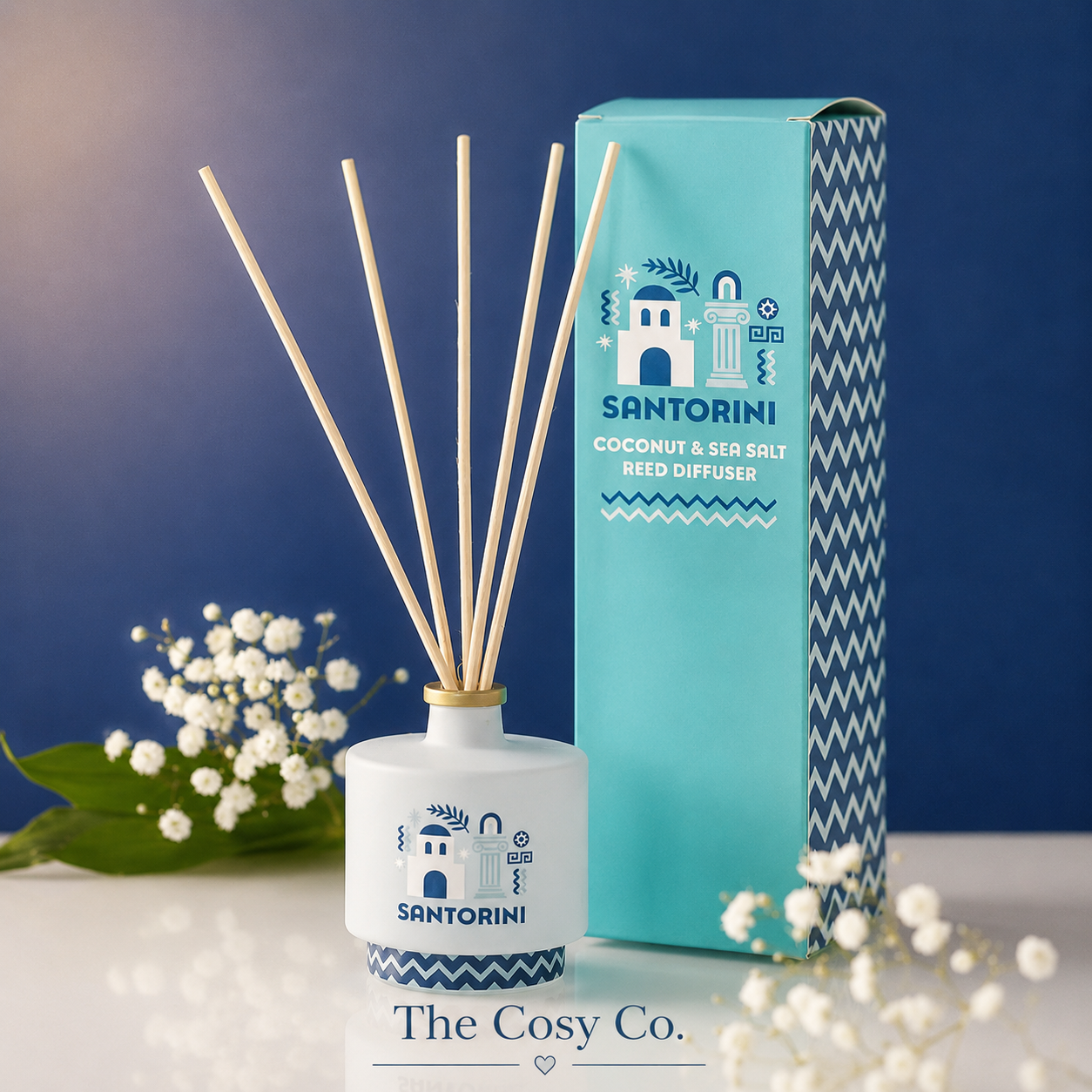 Santorini Coconut and Sea Salt reed diffuser with Greek island inspired home fragrance desig