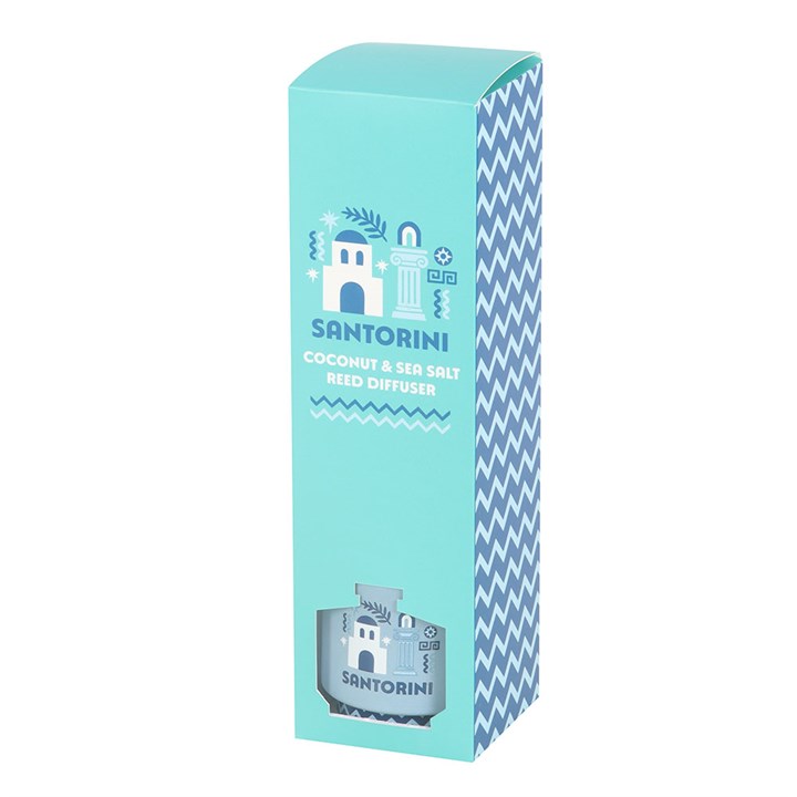 Santorini Coconut and Sea Salt reed diffuser with Greek island inspired home fragrance design