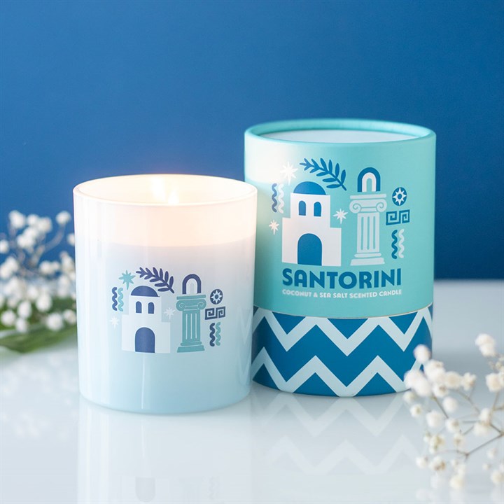 Santorini Coconut and Sea Salt scented candle with Greek island inspired home fragrance design