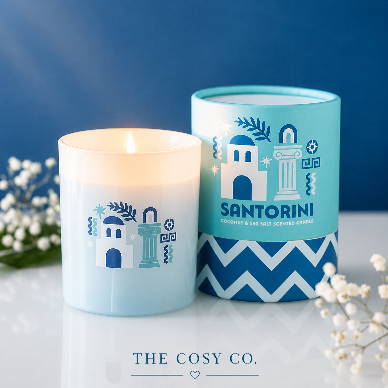 Santorini Coconut and Sea Salt scented candle with Greek island inspired home fragrance design