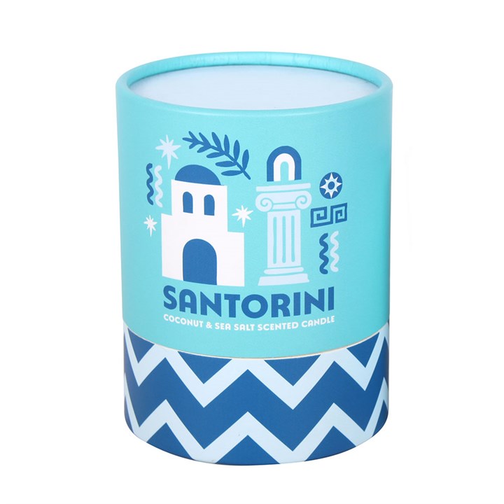 Santorini Coconut and Sea Salt scented candle with Greek island inspired home fragrance design